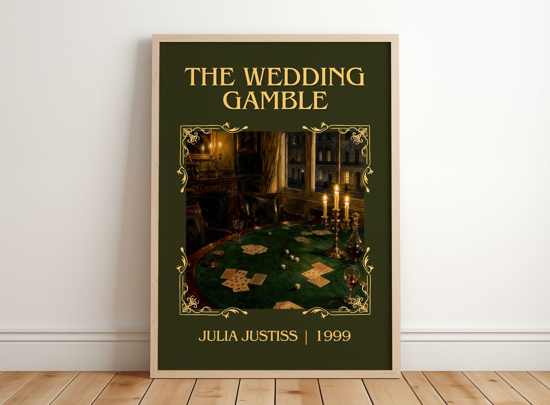 The Wedding Gamble Classic Book Art Print by Julia Justiss – framed print leaning on a wooden floor