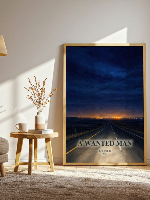 A Wanted Man watercolour print in frame leaning in hallway – thriller wall art