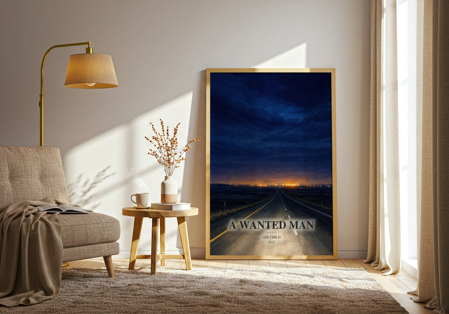 A Wanted Man watercolour print in frame leaning in hallway – thriller wall art