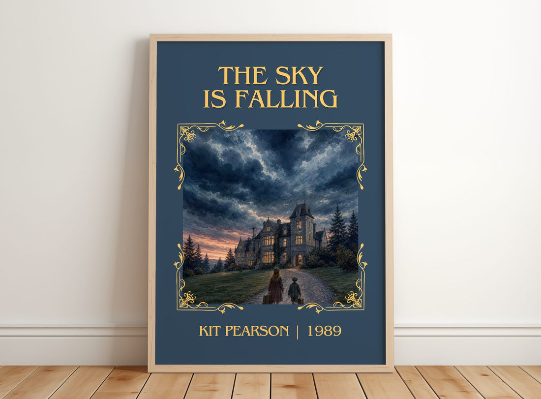 The sky is falling Classic Book Art Print by Kit Pearson – framed print leaning on a wooden floor