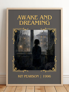 Awake and Dreaming Classic Book Art Print by Kit Pearson – framed print leaning on a wooden floor