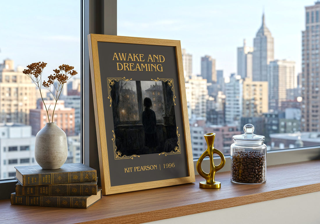 Awake and Dreaming Classic Book Art Print by Kit Pearson – framed print on a city-view windowsill
