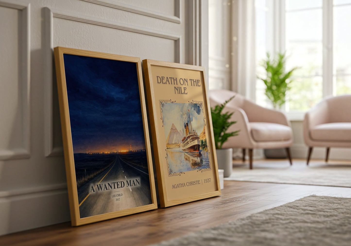 A Wanted Man watercolour print framed by window – literary home decor