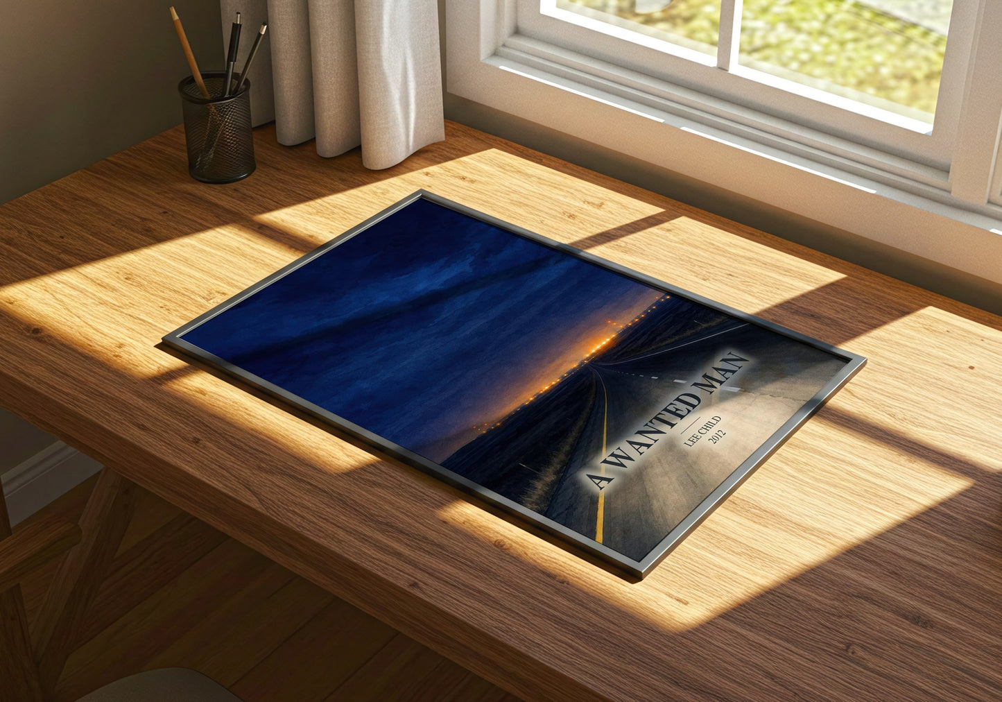 A Wanted Man watercolour book poster framed on wall – thriller wall art