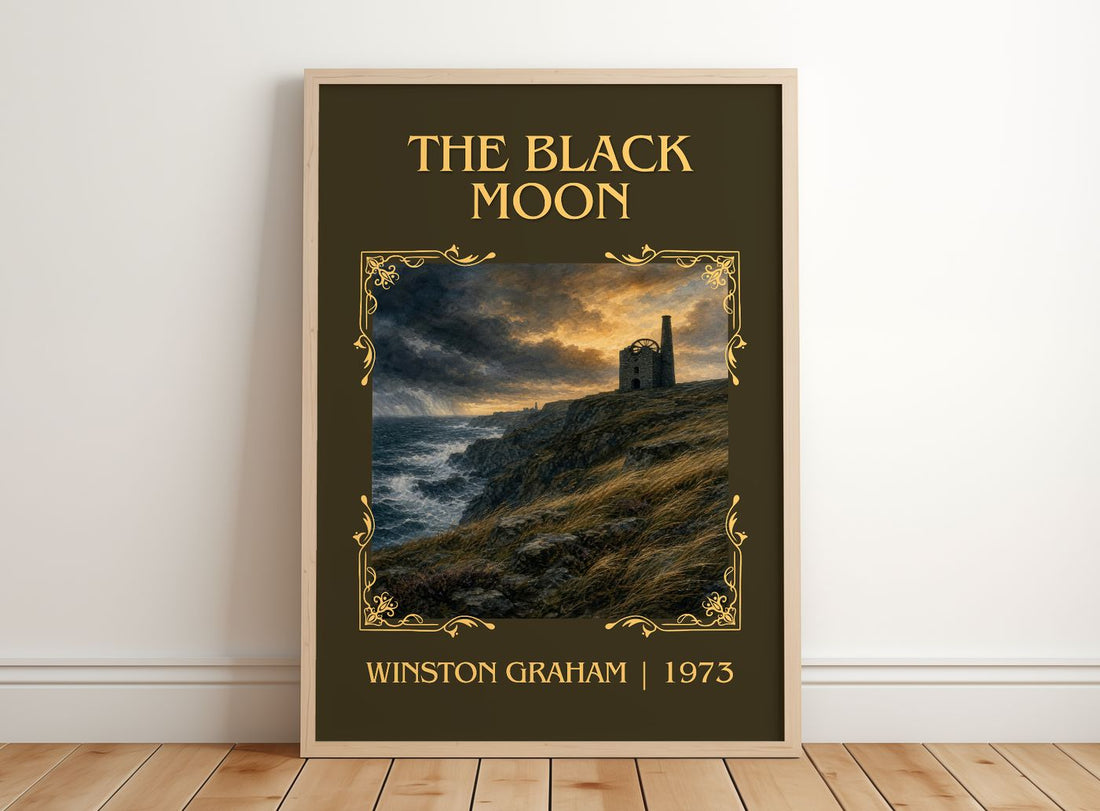 The black moon Classic Book Art Print by Winston Graham – framed print leaning on a wooden floor