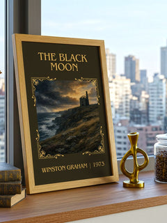 The black moon Classic Book Art Print by Winston Graham – framed print on a city-view windowsill