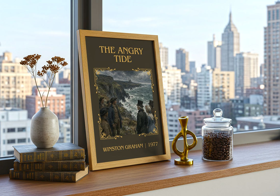 The Angry Tide Classic Book Art Print by Winston Graham – framed print on a city-view windowsill