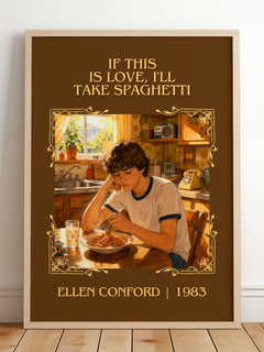If this is love, I'll take spaghetti Classic Book Art Print by Ellen Conford – framed print leaning on a wooden floor
