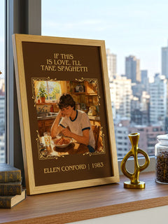 If this is love, I'll take spaghetti Classic Book Art Print by Ellen Conford – framed print on a city-view windowsill