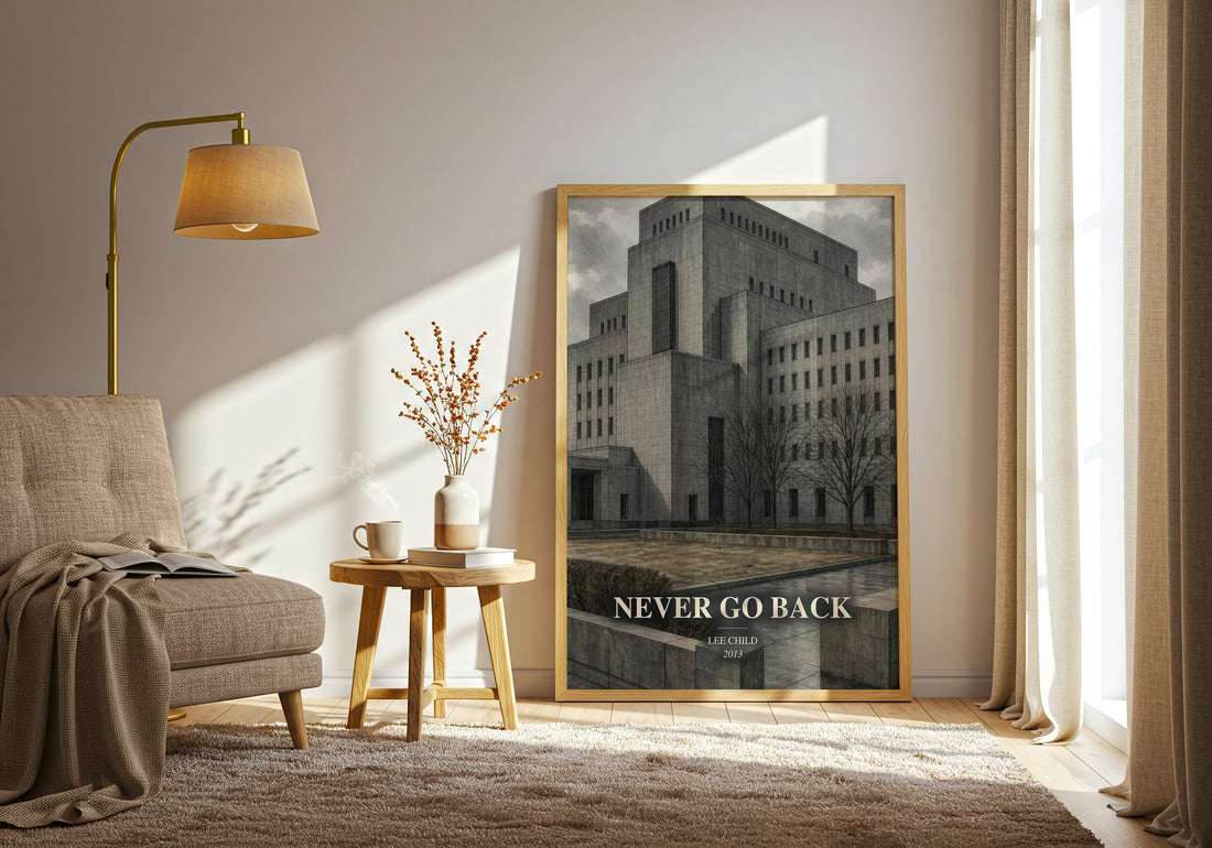 Never Go Back watercolour print in frame leaning in hallway – thriller wall art (mockup)