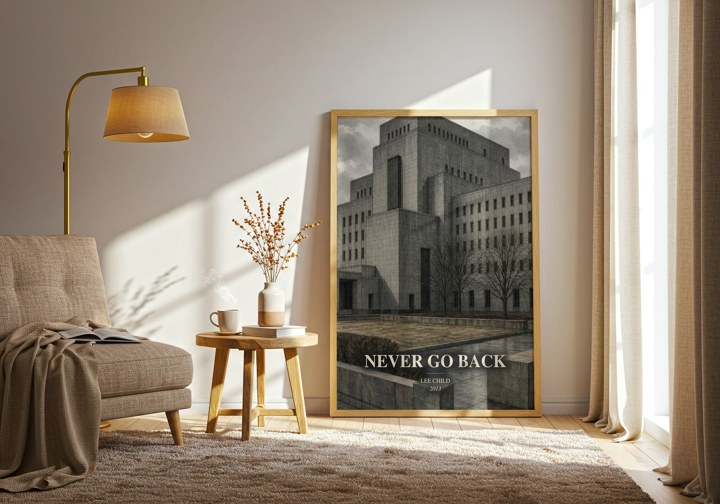 Never Go Back watercolour print in frame leaning in hallway – thriller wall art