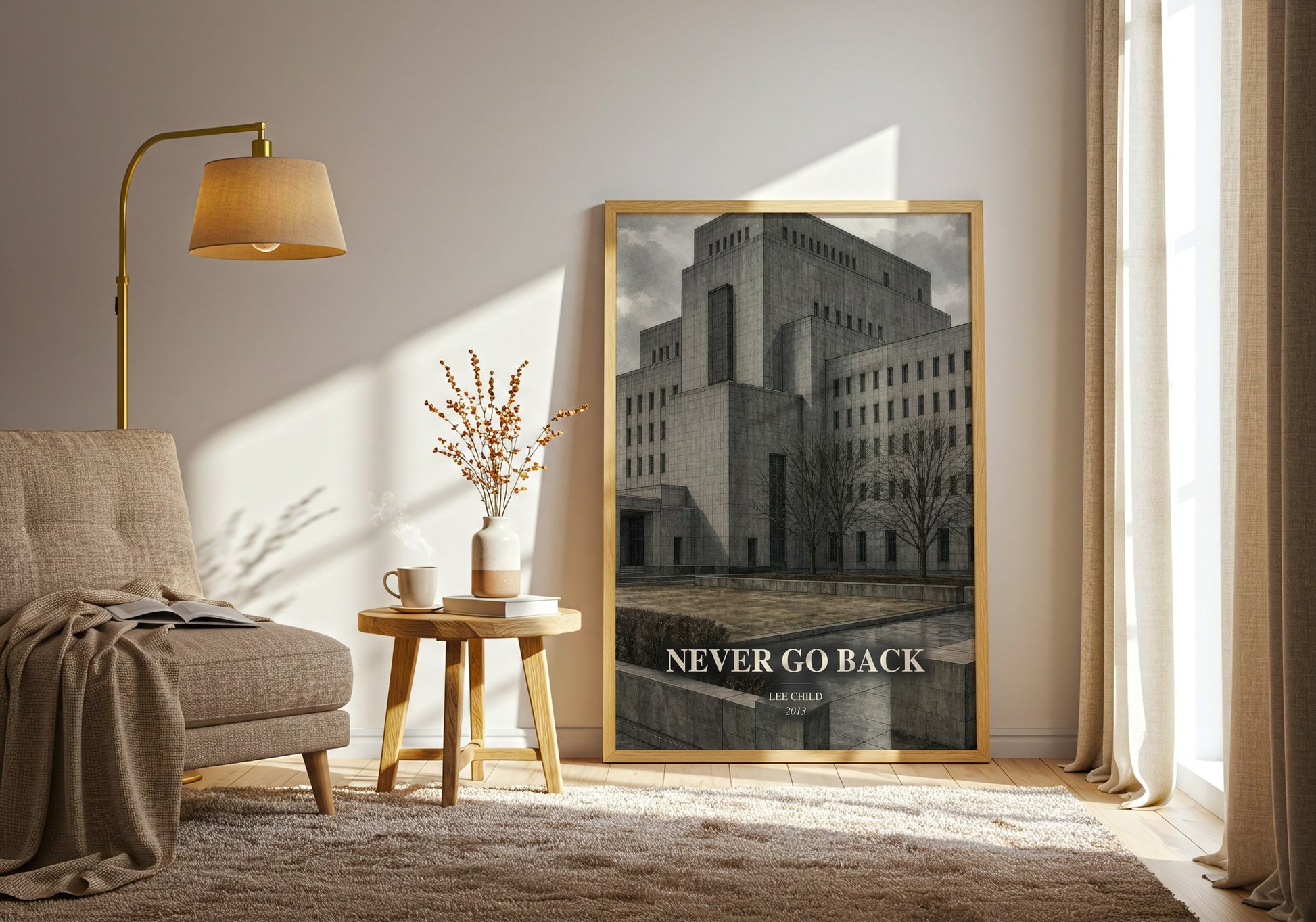 Never Go Back watercolour print in frame leaning in hallway – thriller wall art
