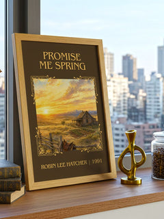 Promise Me Spring Classic Book Art Print by Robin Lee Hatcher – framed print on a city-view windowsill