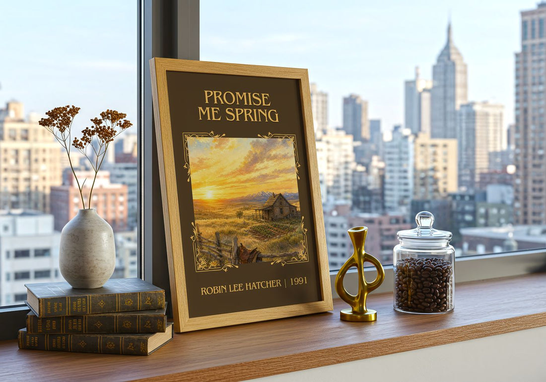 Promise Me Spring Classic Book Art Print by Robin Lee Hatcher – framed print on a city-view windowsill