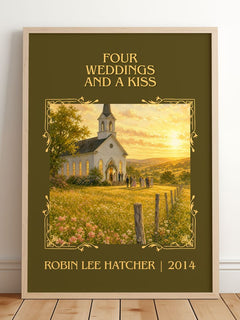 Four weddings and a kiss Classic Book Art Print by Robin Lee Hatcher – framed print leaning on a wooden floor