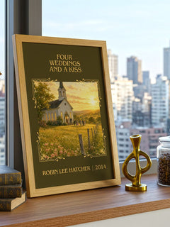Four weddings and a kiss Classic Book Art Print by Robin Lee Hatcher – framed print on a city-view windowsill