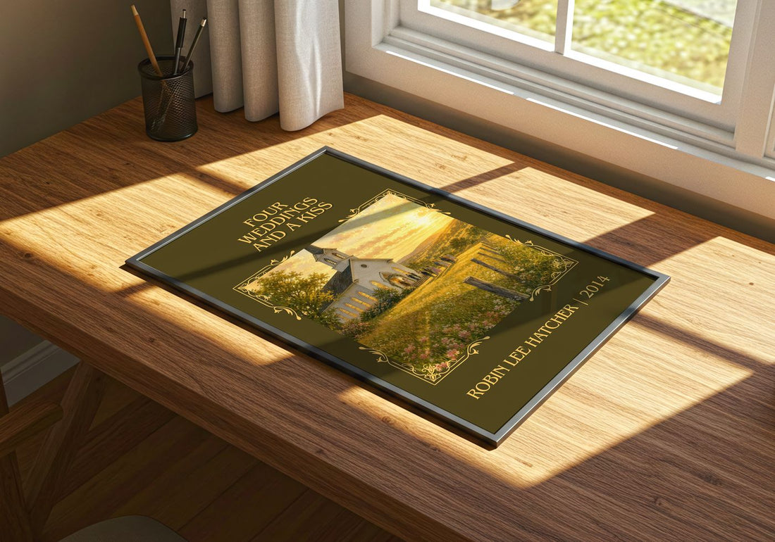 Four weddings and a kiss Classic Book Art Print by Robin Lee Hatcher – print on a sunlit desk