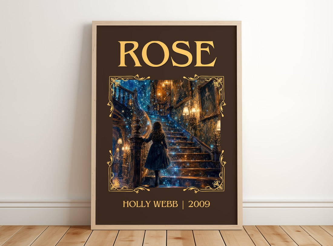 Rose Classic Book Art Print by Holly Webb – framed print leaning on a wooden floor