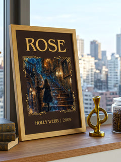 Rose Classic Book Art Print by Holly Webb – framed print on a city-view windowsill