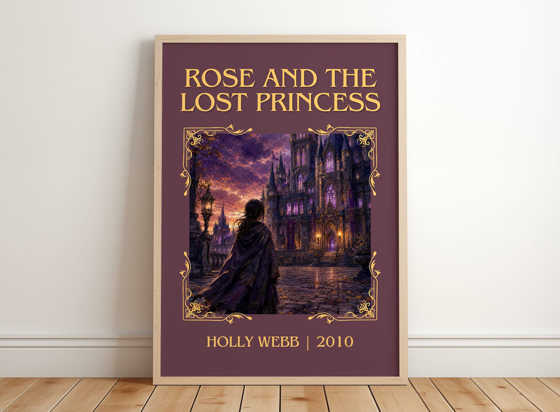 Rose And The Lost Princess Classic Book Art Print by Holly Webb – framed print leaning on a wooden floor