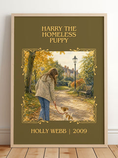 Harry the Homeless Puppy Classic Book Art Print by Holly Webb – framed print leaning on a wooden floor