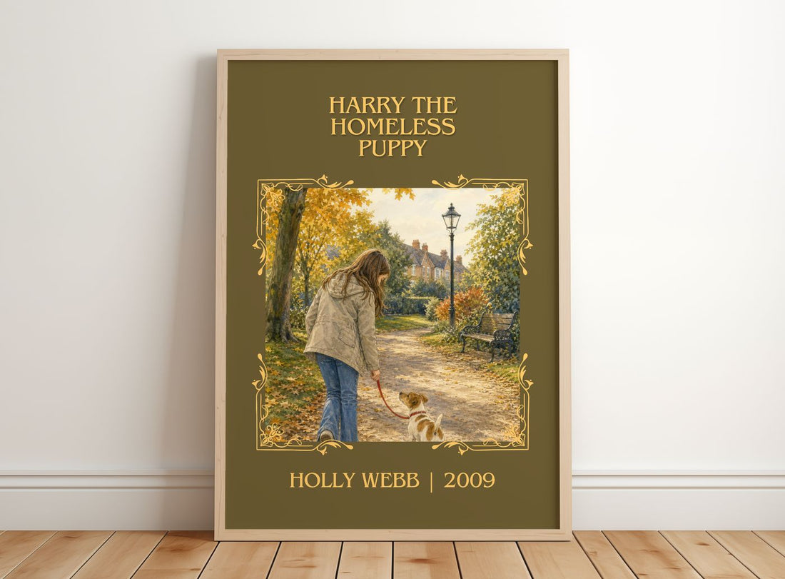 Harry the Homeless Puppy Classic Book Art Print by Holly Webb – framed print leaning on a wooden floor