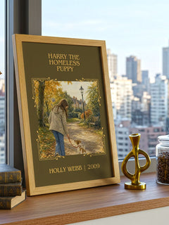 Harry the Homeless Puppy Classic Book Art Print by Holly Webb – framed print on a city-view windowsill
