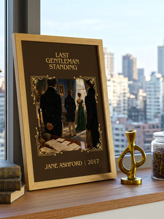 Last Gentleman Standing Classic Book Art Print by Jane Ashford – framed print on a city-view windowsill