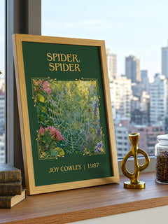 Spider, Spider Classic Book Art Print by Joy Cowley – framed print on a city-view windowsill