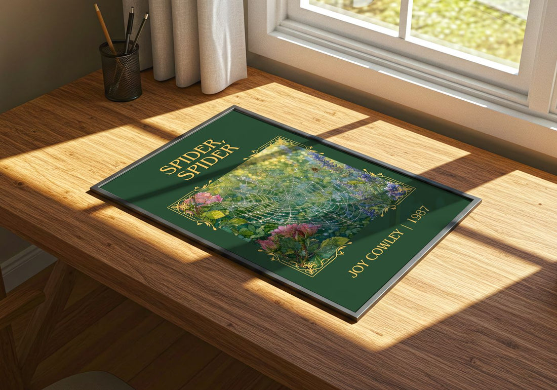 Spider, Spider Classic Book Art Print by Joy Cowley – print on a sunlit desk