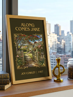 Along comes Jake Classic Book Art Print by Joy Cowley – framed print on a city-view windowsill