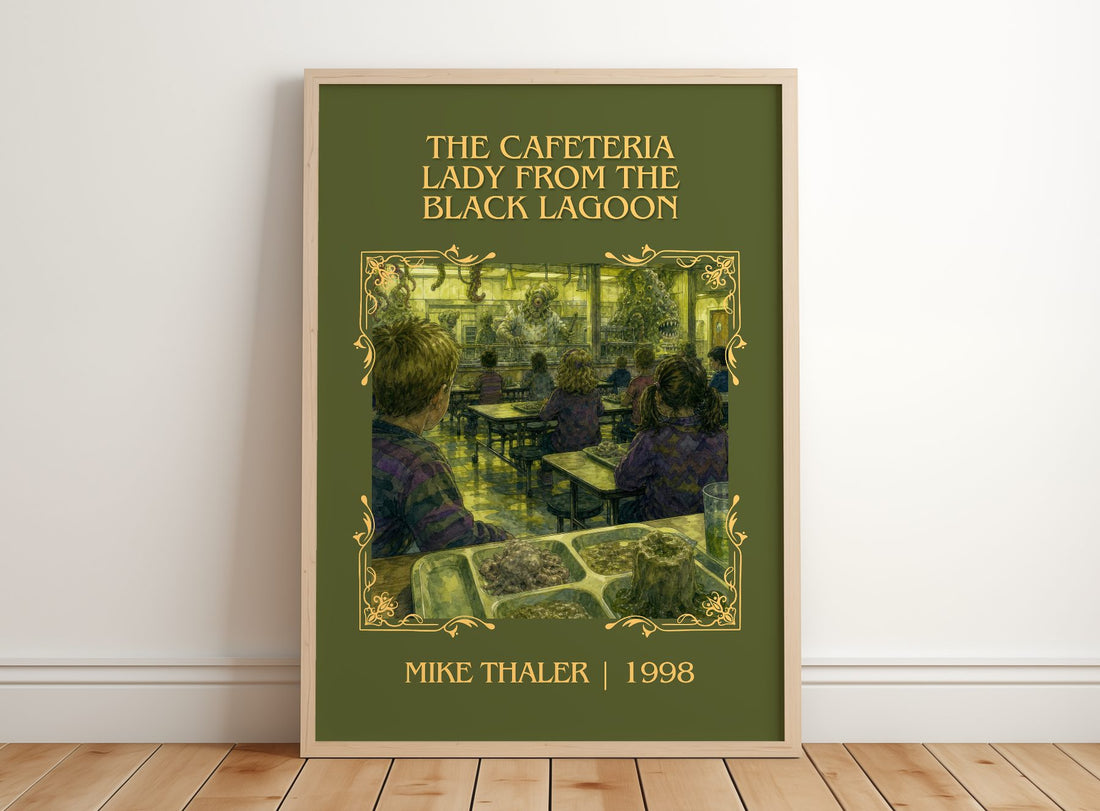 The cafeteria lady from the black lagoon Classic Book Art Print by Mike Thaler – framed print leaning on a wooden floor