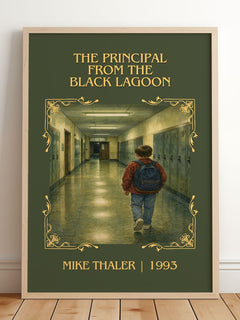 Principal From the Black Lagoon Classic Book Art Print by Mike Thaler – framed print leaning on a wooden floor