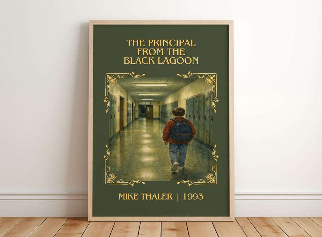 Principal From the Black Lagoon Classic Book Art Print by Mike Thaler – framed print leaning on a wooden floor