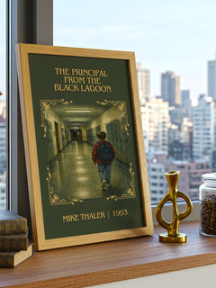 Principal From the Black Lagoon Classic Book Art Print by Mike Thaler – framed print on a city-view windowsill