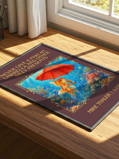 Never give a fish an umbrella and other silly presents Classic Book Art Print by Mike Thaler – print on a sunlit desk