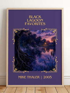 Black Lagoon favorites Classic Book Art Print by Mike Thaler – framed print leaning on a wooden floor
