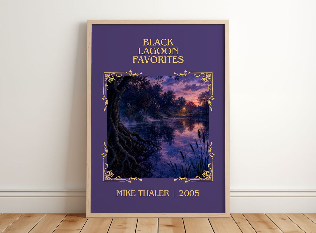 Black Lagoon favorites Classic Book Art Print by Mike Thaler – framed print leaning on a wooden floor