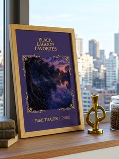 Black Lagoon favorites Classic Book Art Print by Mike Thaler – framed print on a city-view windowsill