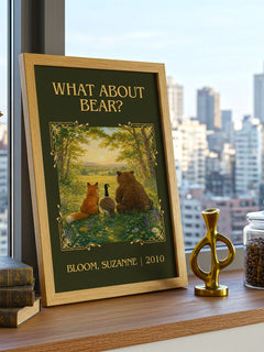What about Bear? Classic Book Art Print by Bloom, Suzanne – framed print on a city-view windowsill