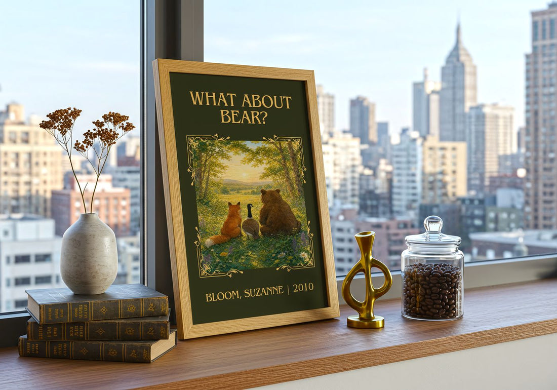 What about Bear? Classic Book Art Print by Bloom, Suzanne – framed print on a city-view windowsill