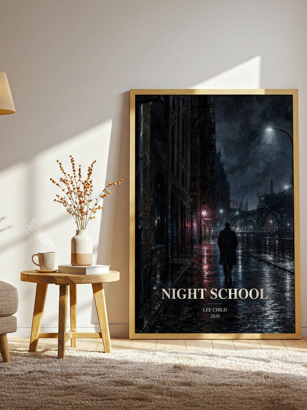 Night School watercolour print in frame leaning in hallway – thriller wall art