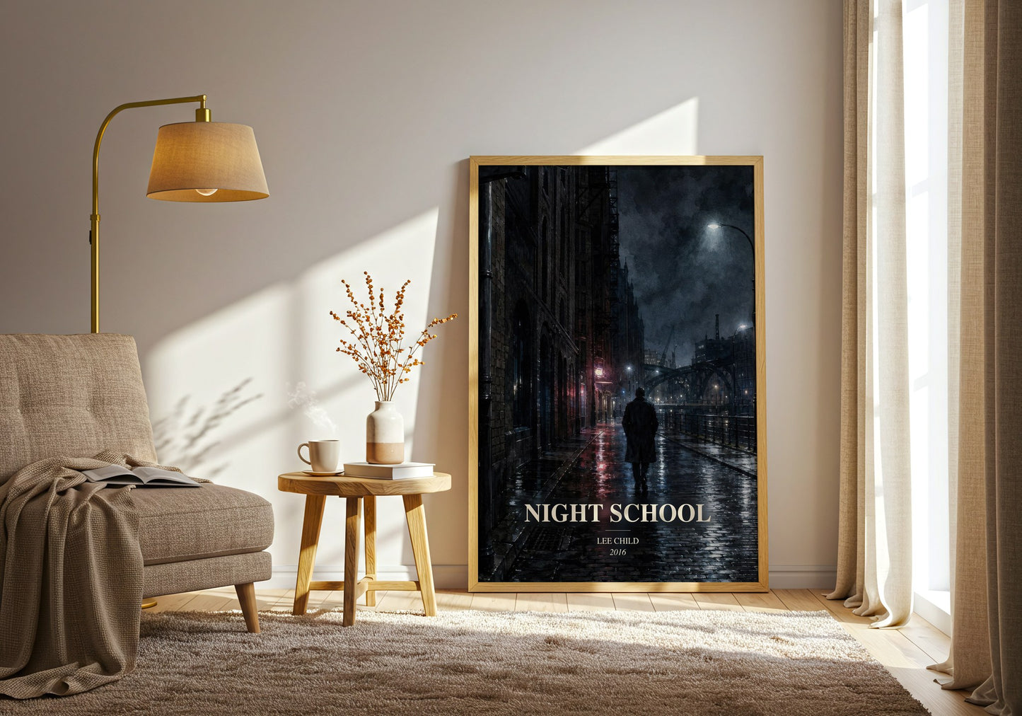 Night School watercolour print in frame leaning in hallway – thriller wall art