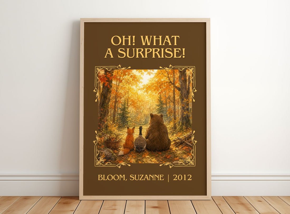 Oh! What a surprise! Classic Book Art Print by Bloom, Suzanne – framed print leaning on a wooden floor