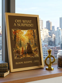 Oh! What a surprise! Classic Book Art Print by Bloom, Suzanne – framed print on a city-view windowsill