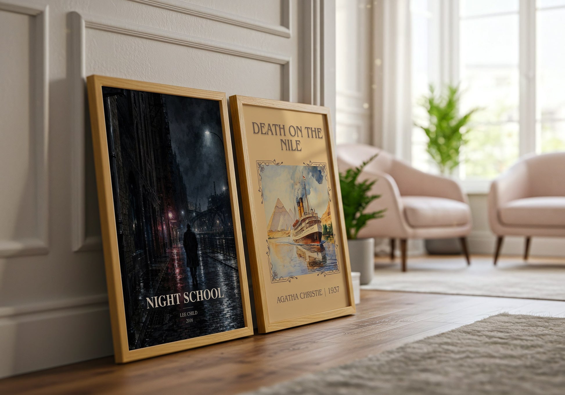 Night School watercolour print framed by window – literary home decor
