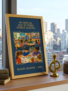 My Special Day at Third Street School Classic Book Art Print by Bloom, Suzanne – framed print on a city-view windowsill