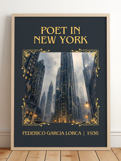 Poet in New York Classic Book Art Print by Federico García Lorca – framed print leaning on a wooden floor