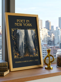 Poet in New York Classic Book Art Print by Federico García Lorca – framed print on a city-view windowsill