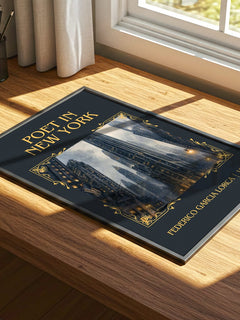 Poet in New York Classic Book Art Print by Federico García Lorca – print on a sunlit desk